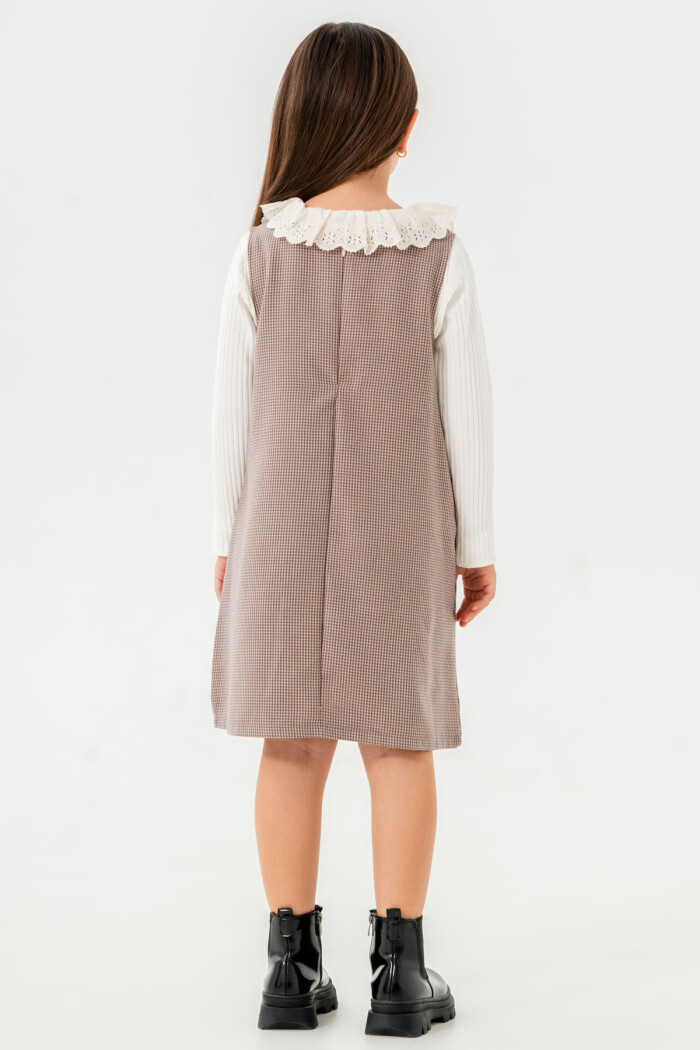 Kız Çocuk Mor Ekose Kurdeleli Yaka Detaylı 3-7 Yaş Badili Elbise  3704-2