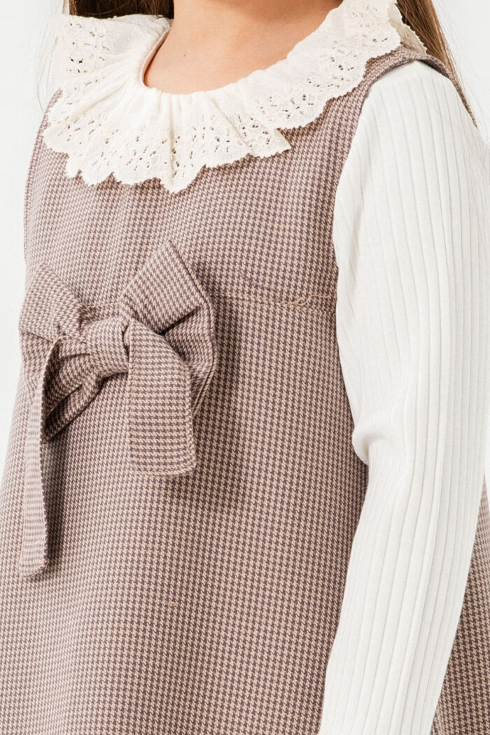 Kız Çocuk Mor Ekose Kurdeleli Yaka Detaylı 3-7 Yaş Badili Elbise  3704-2