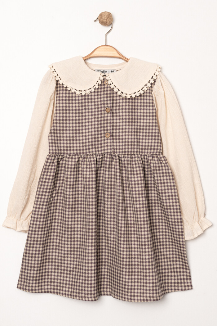 Kız Çocuk Mor Ekose Yaka Detaylı Düğmeli 3-7 Yaş Elbise 3718-4