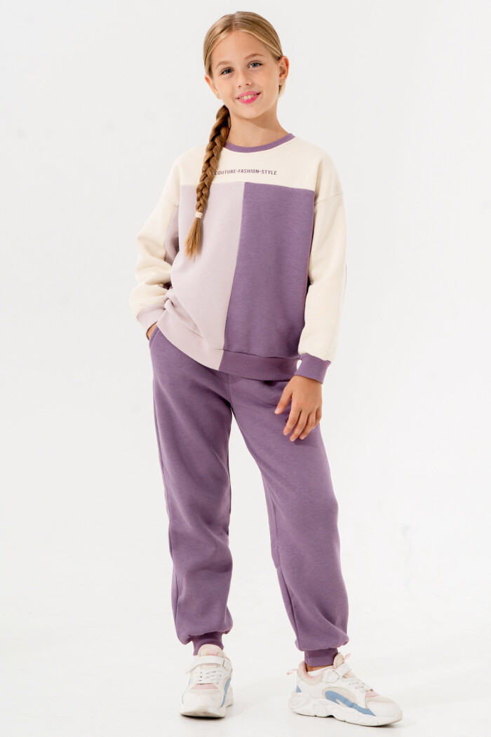 Kız Çocuk Mor Parçalı Bisiklet Yaka 5-9 Yaş Takım -3618-1