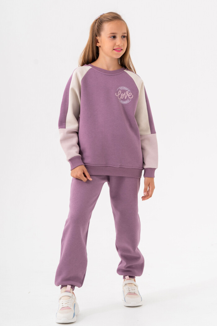 Kız Çocuk Mor Parçalı Kol Bisiklet Yaka 5-9 Yaş Takım -3609-1