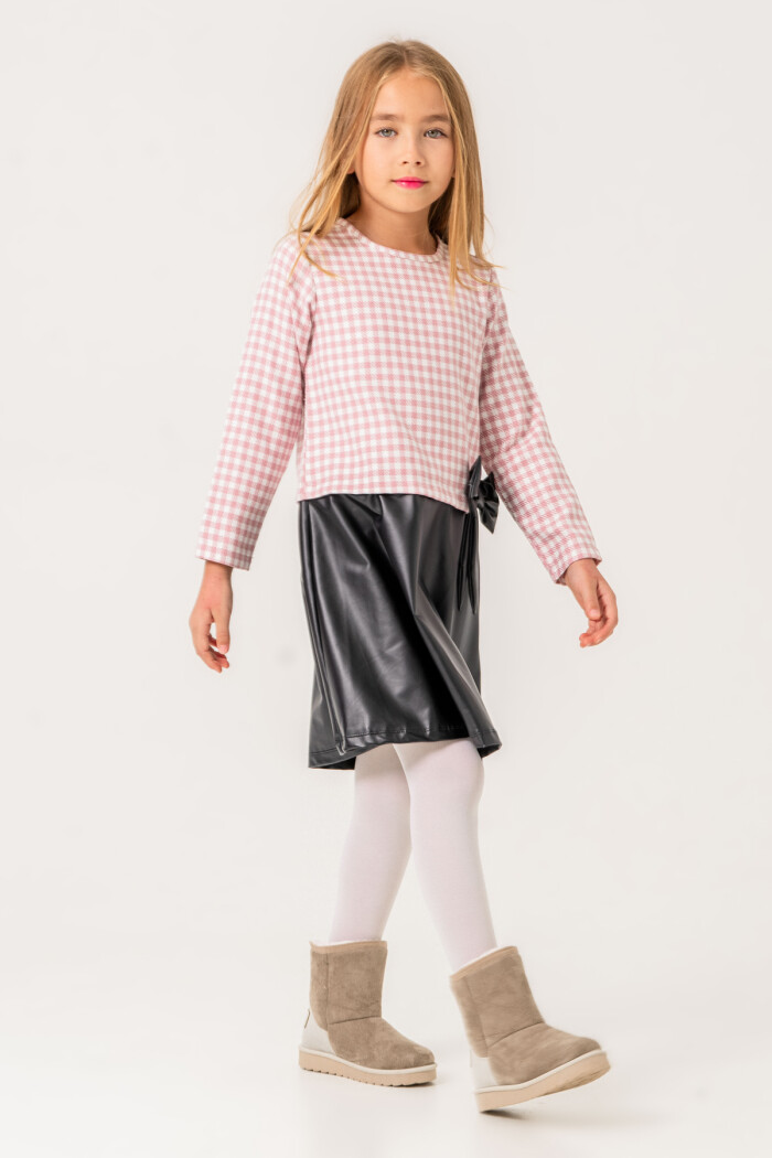 Kız Çocuk Pudra Ekose Badili 5-9 Yaş Kurdele Detaylı Deri Etekli Elbise 3725-2