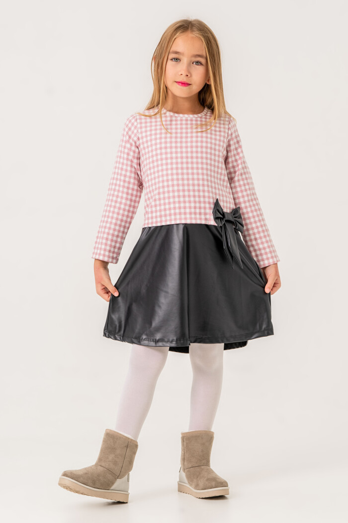 Kız Çocuk Pudra Ekose Badili 5-9 Yaş Kurdele Detaylı Deri Etekli Elbise 3725-2