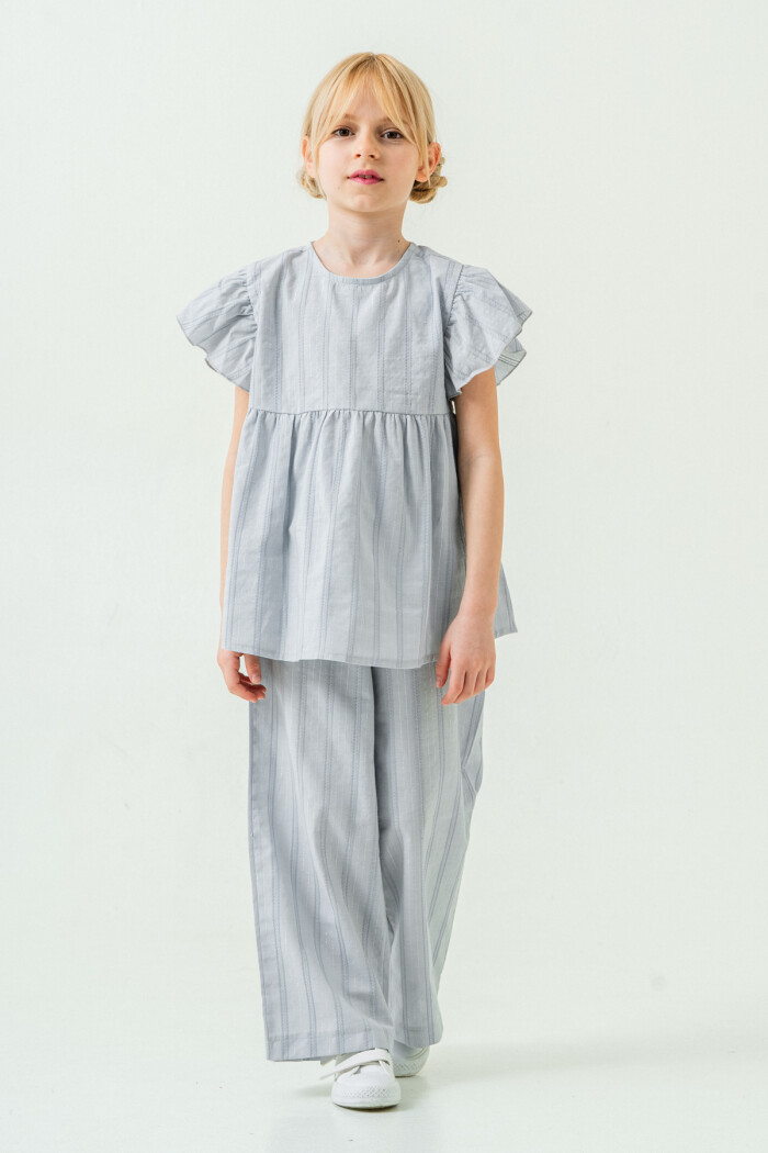 Kız Çocuk Rahat Kesim Simli Çizgili Alt Üst Takım 5-9 Yaş Mavi