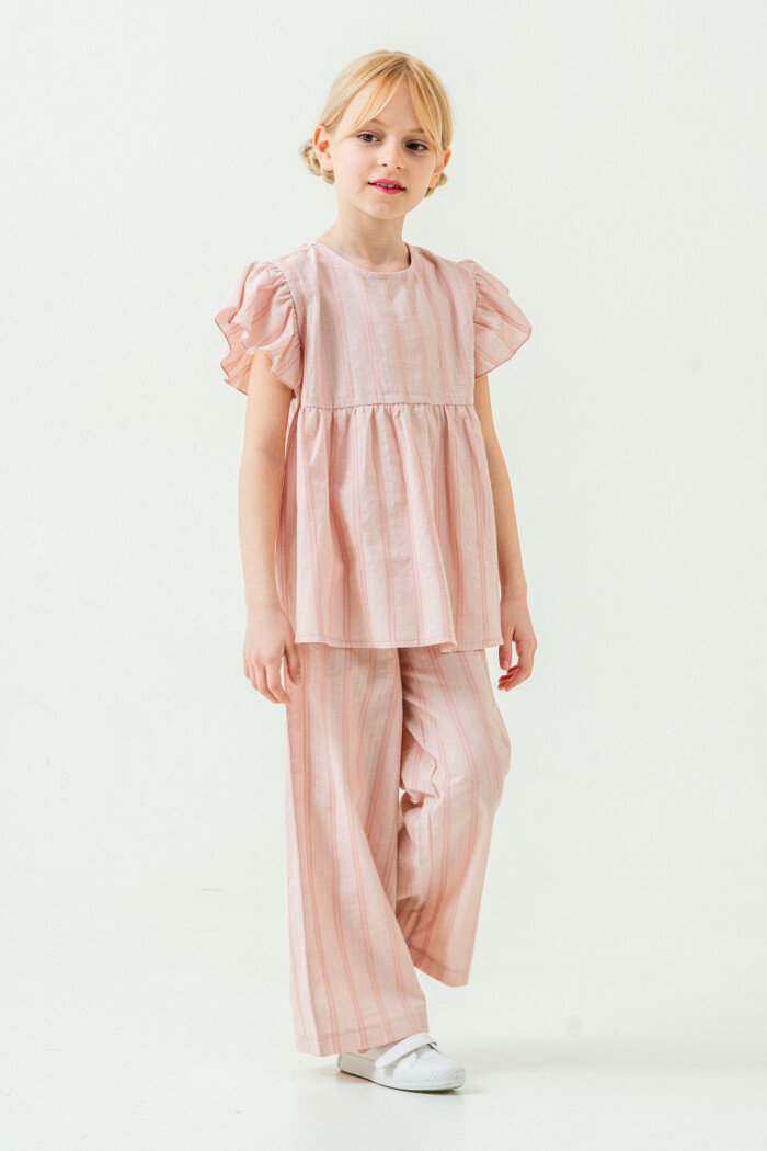 Kız Çocuk Rahat Kesim Simli Çizgili Alt Üst Takım 5-9 Yaş Pembe