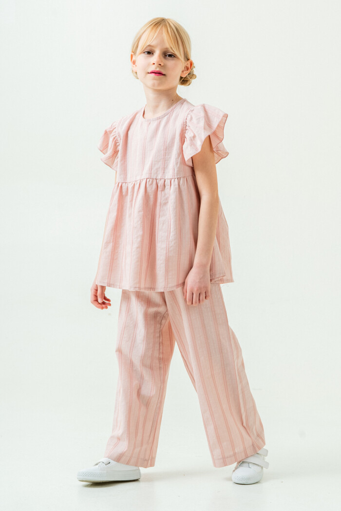 Kız Çocuk Rahat Kesim Simli Çizgili Alt Üst Takım 5-9 Yaş Pembe