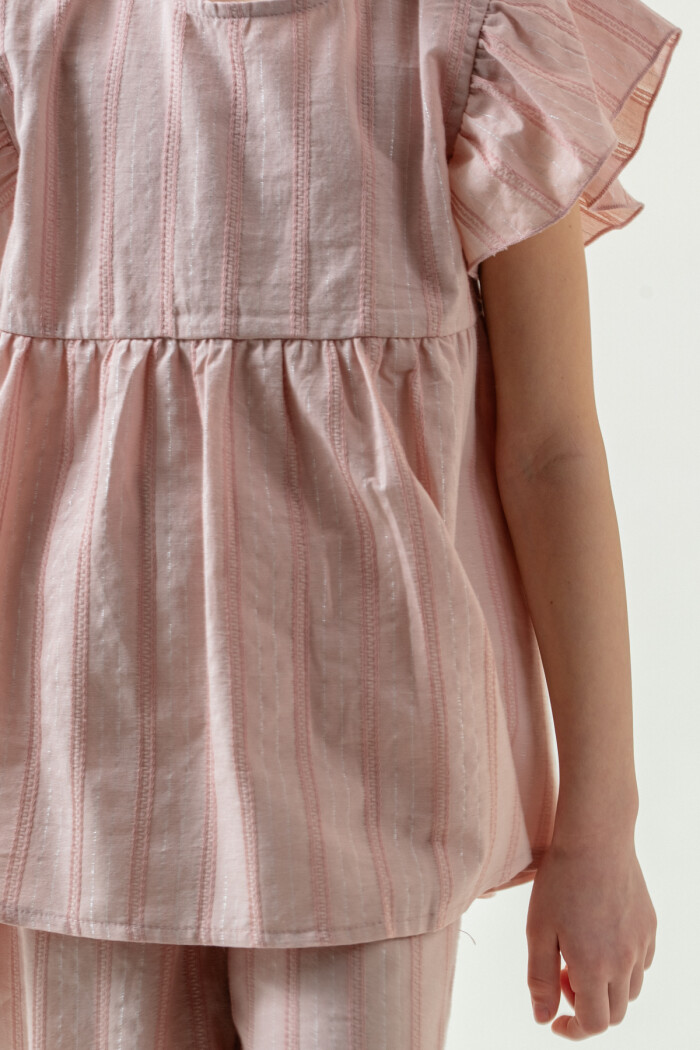 Kız Çocuk Rahat Kesim Simli Çizgili Alt Üst Takım 5-9 Yaş Pembe