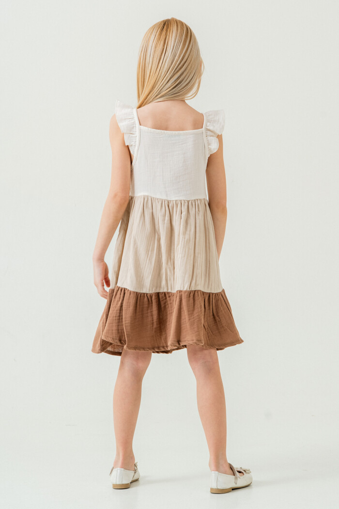 Kız Çocuk Renkli Müslin Elbise 3-7 Yaş Bej 3804-3