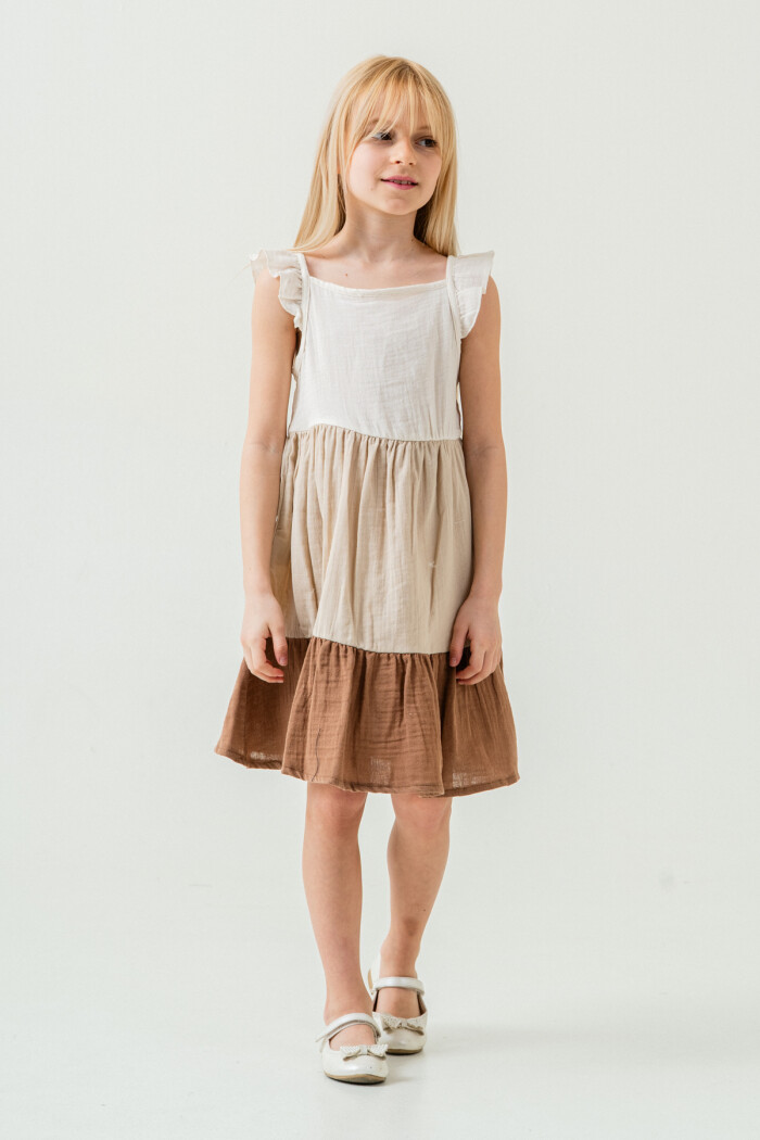 Kız Çocuk Renkli Müslin Elbise 3-7 Yaş Bej 3804-3