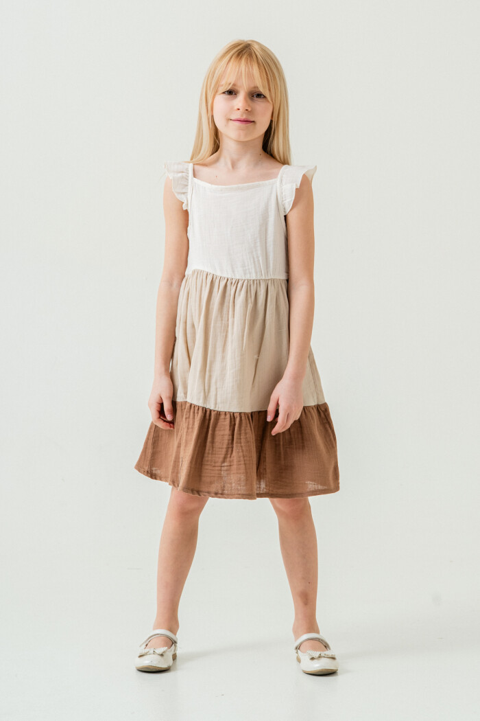 Kız Çocuk Renkli Müslin Elbise 3-7 Yaş Bej 3804-3