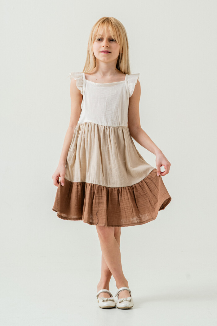 Kız Çocuk Renkli Müslin Elbise 3-7 Yaş Bej 3804-3
