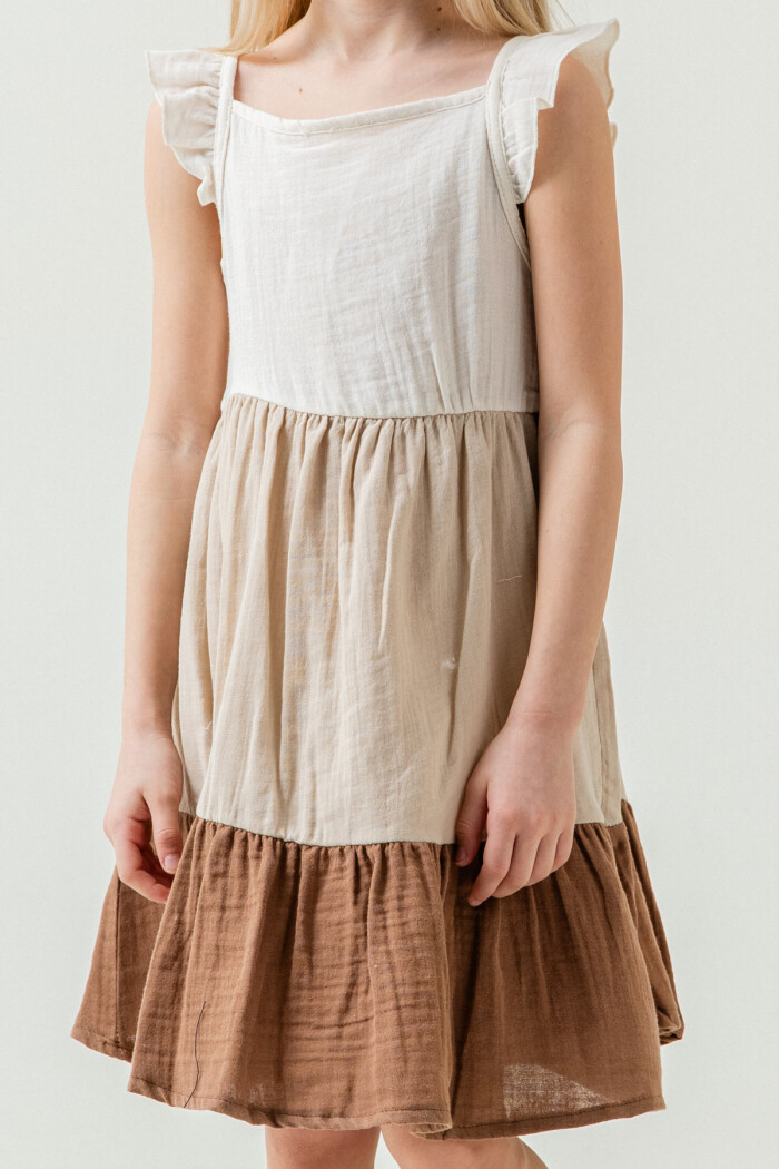 Kız Çocuk Renkli Müslin Elbise 3-7 Yaş Bej 3804-3