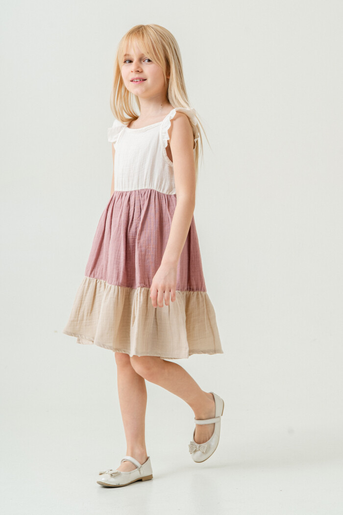 Kız Çocuk Renkli Müslin Elbise 3-7 Yaş Gül 3804-2