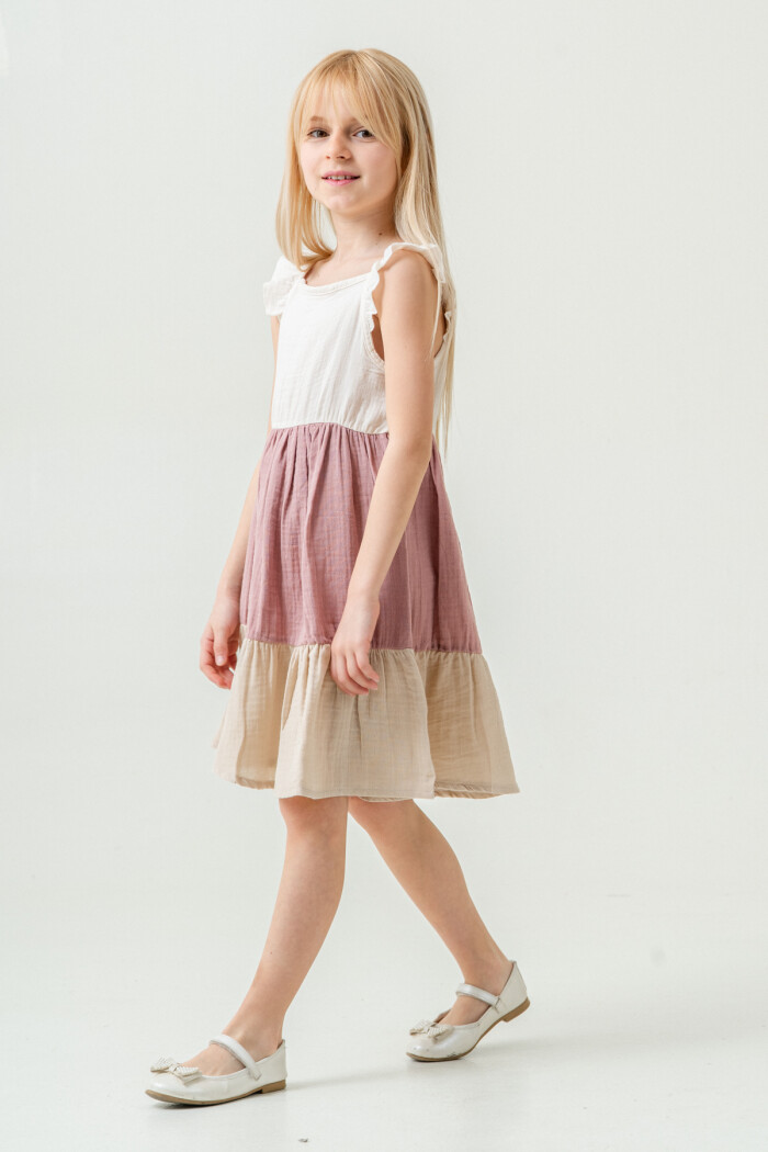 Kız Çocuk Renkli Müslin Elbise 3-7 Yaş Gül 3804-2