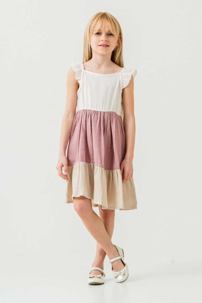 Kız Çocuk Renkli Müslin Elbise 3-7 Yaş Gül 3804-2