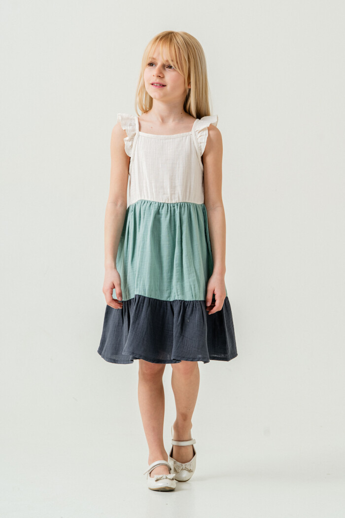Kız Çocuk Renkli Müslin Elbise 3-7 Yaş Su Yeşili 3804-4