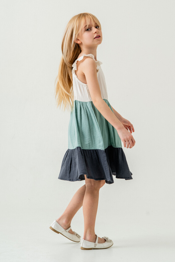 Kız Çocuk Renkli Müslin Elbise 3-7 Yaş Su Yeşili 3804-4