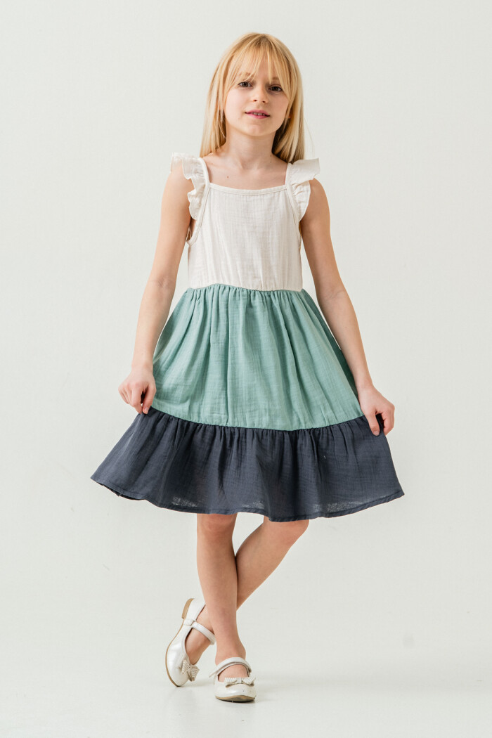 Kız Çocuk Renkli Müslin Elbise 3-7 Yaş Su Yeşili 3804-4