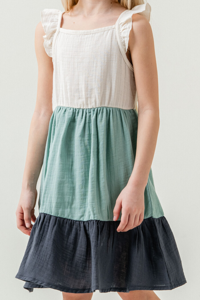 Kız Çocuk Renkli Müslin Elbise 3-7 Yaş Su Yeşili 3804-4