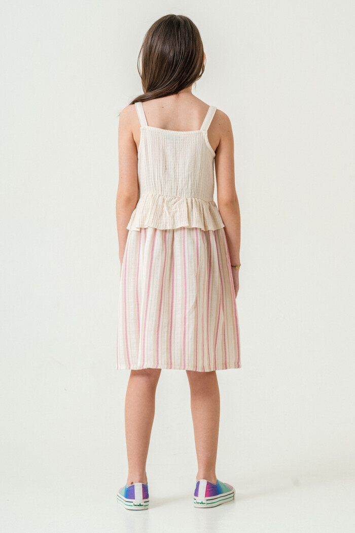 Kız Çocuk Simli Çizgili Askılı Müslin Elbise 5-9 Yaş Gül 3821-2