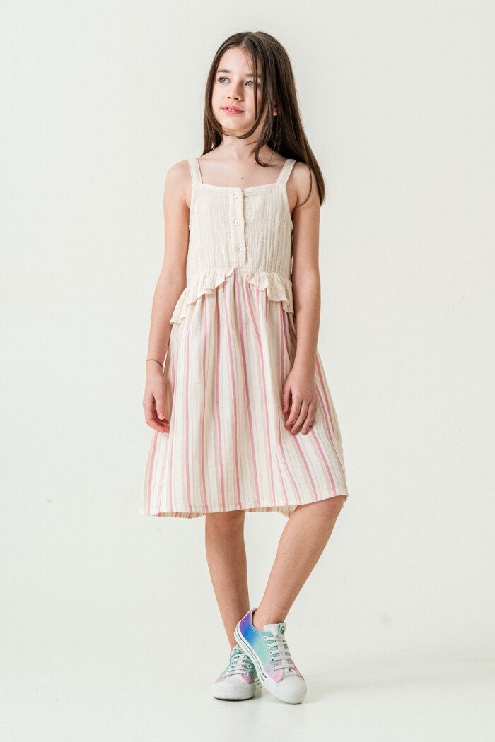 Kız Çocuk Simli Çizgili Askılı Müslin Elbise 5-9 Yaş Gül 3821-2