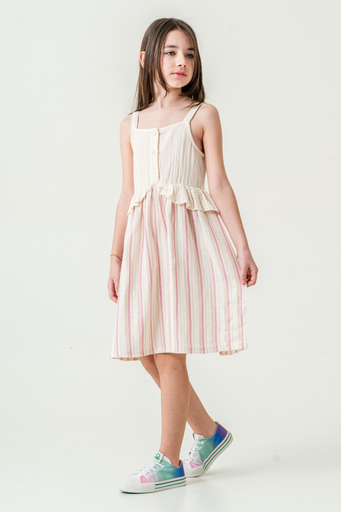 Kız Çocuk Simli Çizgili Askılı Müslin Elbise 5-9 Yaş Gül 3821-2