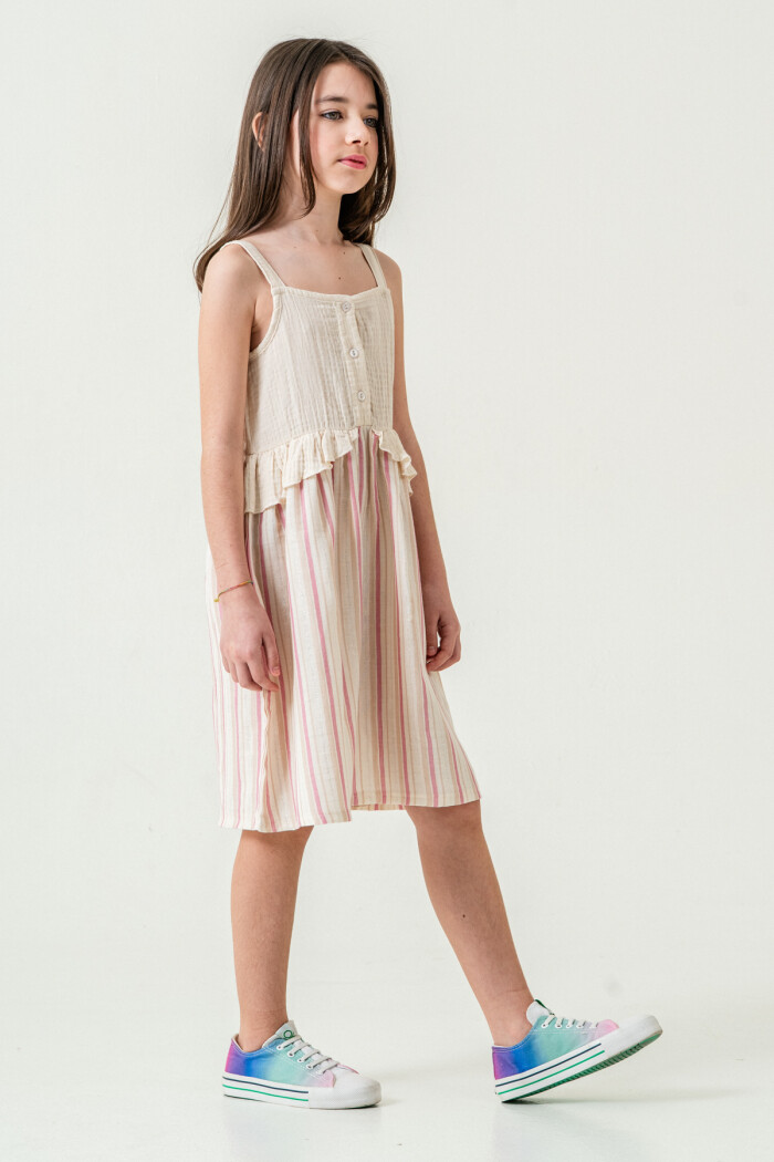 Kız Çocuk Simli Çizgili Askılı Müslin Elbise 5-9 Yaş Gül 3821-2