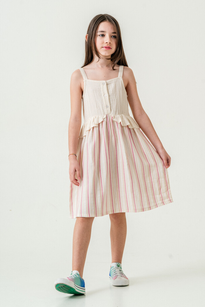Kız Çocuk Simli Çizgili Askılı Müslin Elbise 5-9 Yaş Gül 3821-2