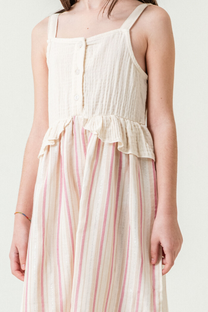 Kız Çocuk Simli Çizgili Askılı Müslin Elbise 5-9 Yaş Gül 3821-2