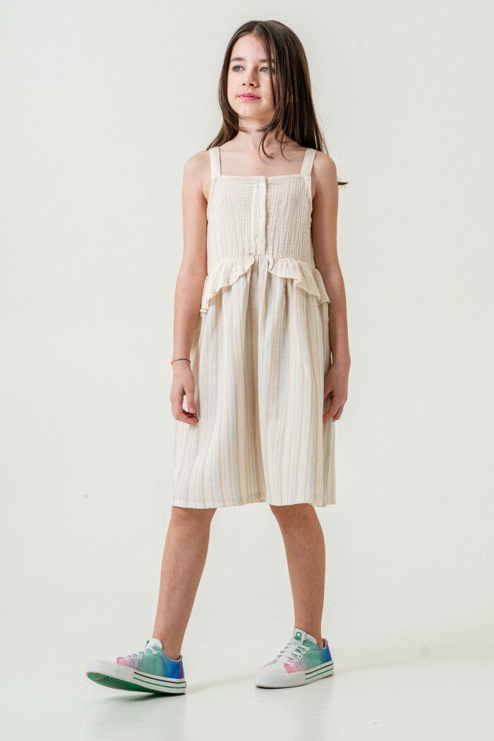 Kız Çocuk Simli Çizgili Askılı Müslin Elbise 5-9 Yaş Mavi 3821-3