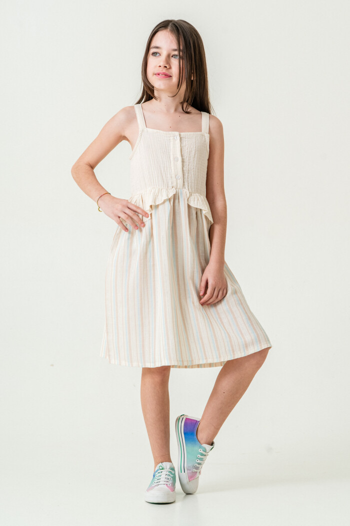 Kız Çocuk Simli Çizgili Askılı Müslin Elbise 5-9 Yaş Mavi 3821-3