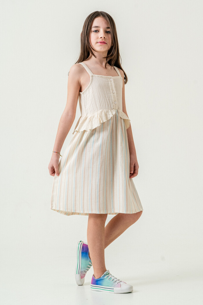 Kız Çocuk Simli Çizgili Askılı Müslin Elbise 5-9 Yaş Mavi 3821-3