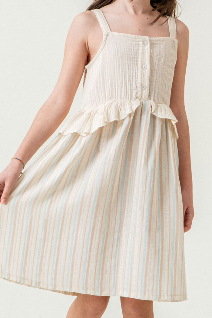 Kız Çocuk Simli Çizgili Askılı Müslin Elbise 5-9 Yaş Mavi 3821-3