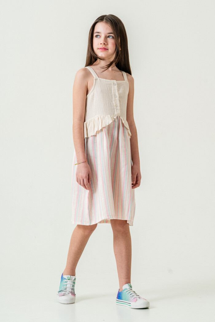 Kız Çocuk Simli Çizgili Askılı Müslin Elbise 5-9 Yaş Pembe 3821-1