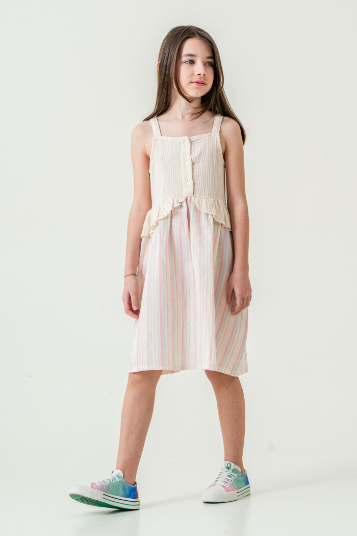 Kız Çocuk Simli Çizgili Askılı Müslin Elbise 5-9 Yaş Pembe 3821-1