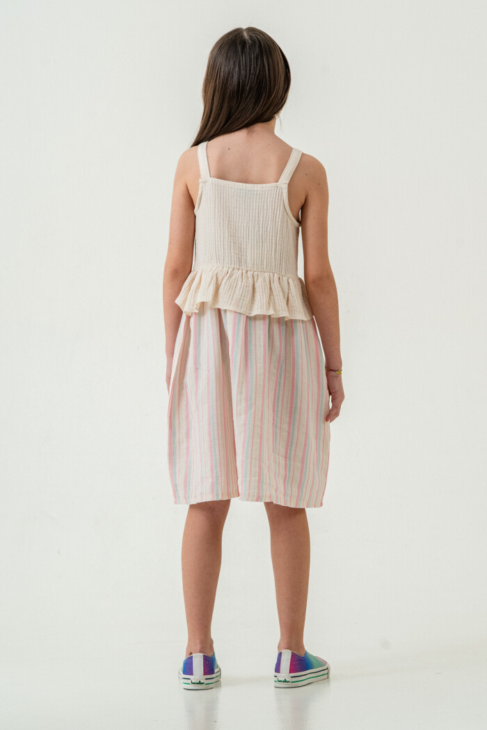 Kız Çocuk Simli Çizgili Askılı Müslin Elbise 5-9 Yaş Pembe 3821-1