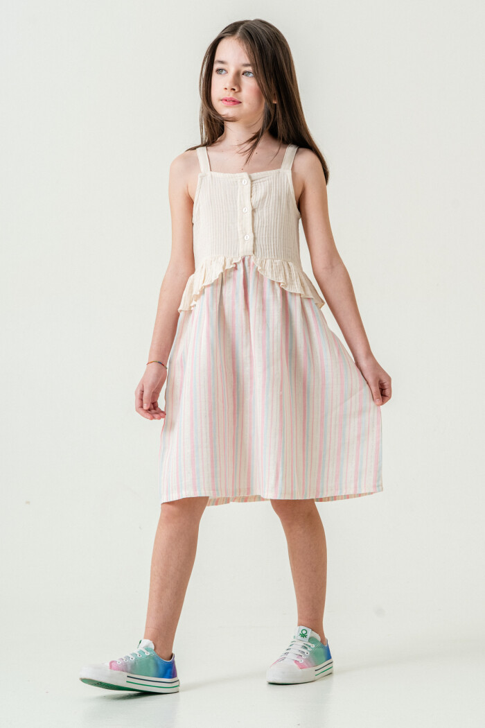 Kız Çocuk Simli Çizgili Askılı Müslin Elbise 5-9 Yaş Pembe 3821-1