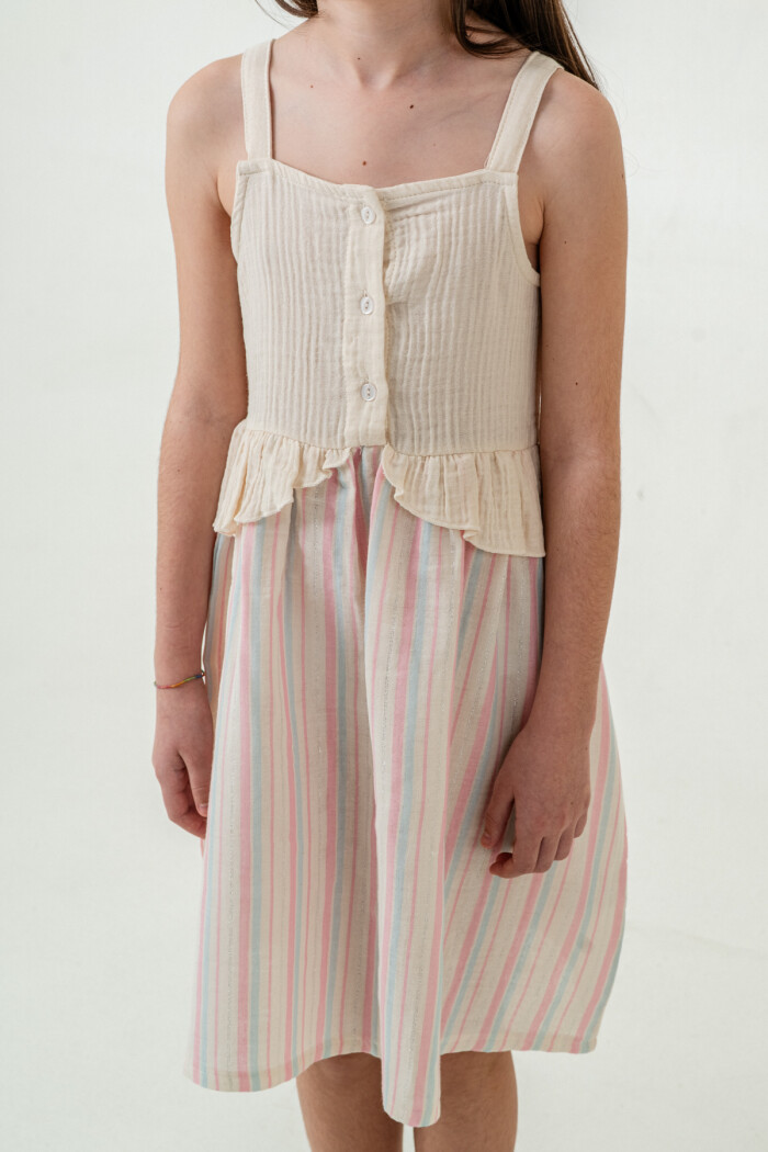 Kız Çocuk Simli Çizgili Askılı Müslin Elbise 5-9 Yaş Pembe 3821-1