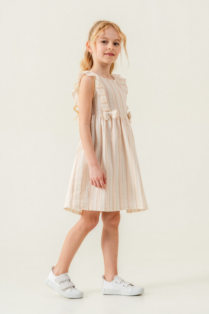 Kız Çocuk Simli Elbise Çizgili 3-7 Yaş Bej 3808-3