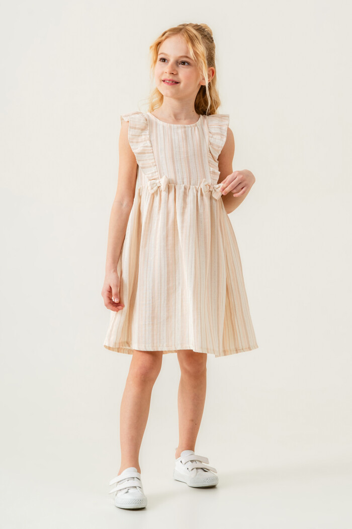 Kız Çocuk Simli Elbise Çizgili 3-7 Yaş Bej 3808-3