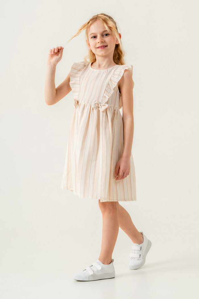 Kız Çocuk Simli Elbise Çizgili 3-7 Yaş Bej 3808-3