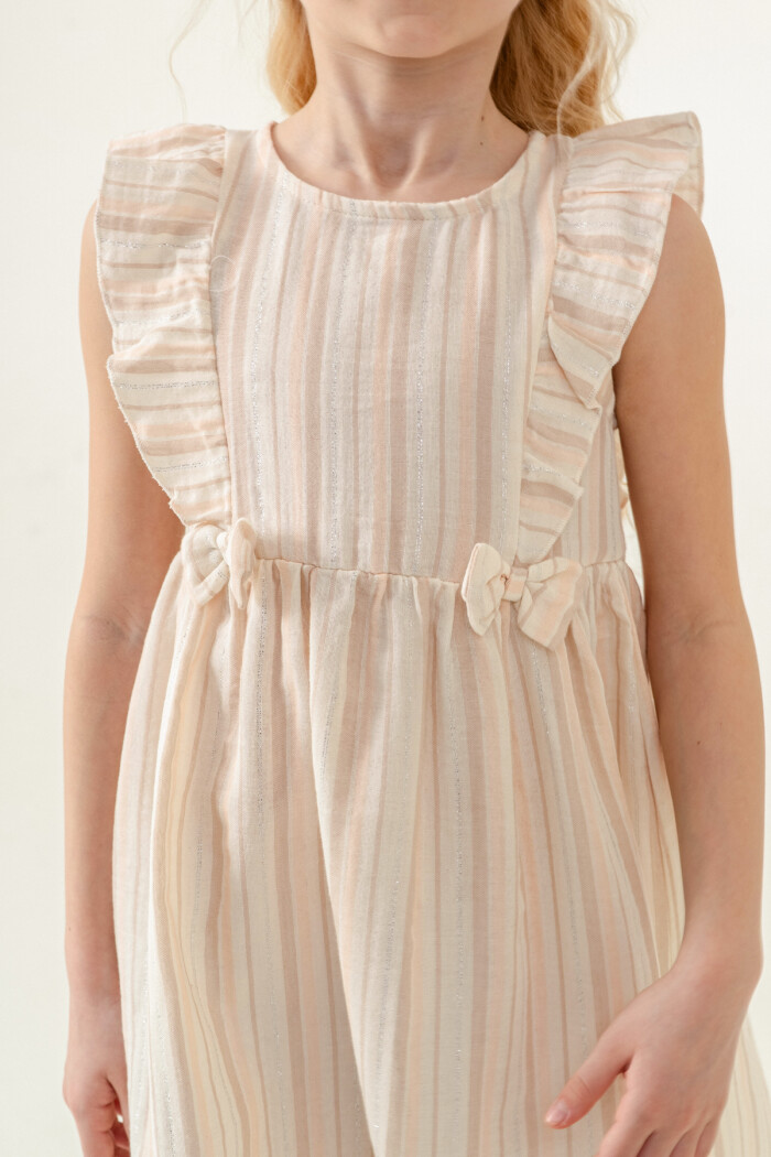 Kız Çocuk Simli Elbise Çizgili 3-7 Yaş Bej 3808-3