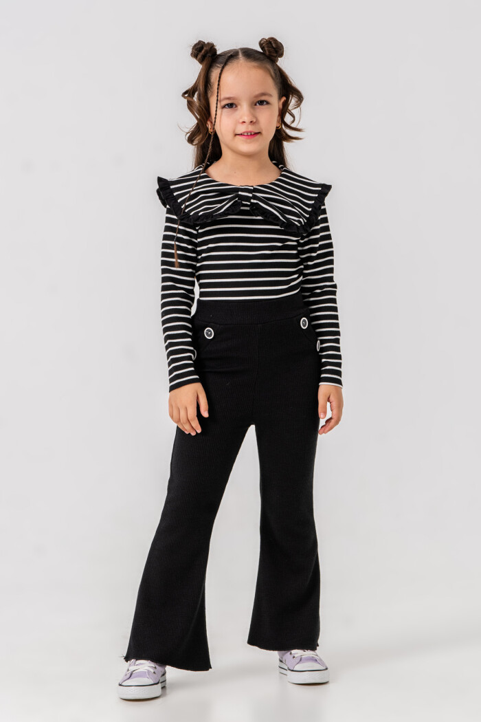 Kız Çocuk Siyah Çizgili Yaka Detaylı İspanyol Paça 3-7 Yaş Takım 3727-1