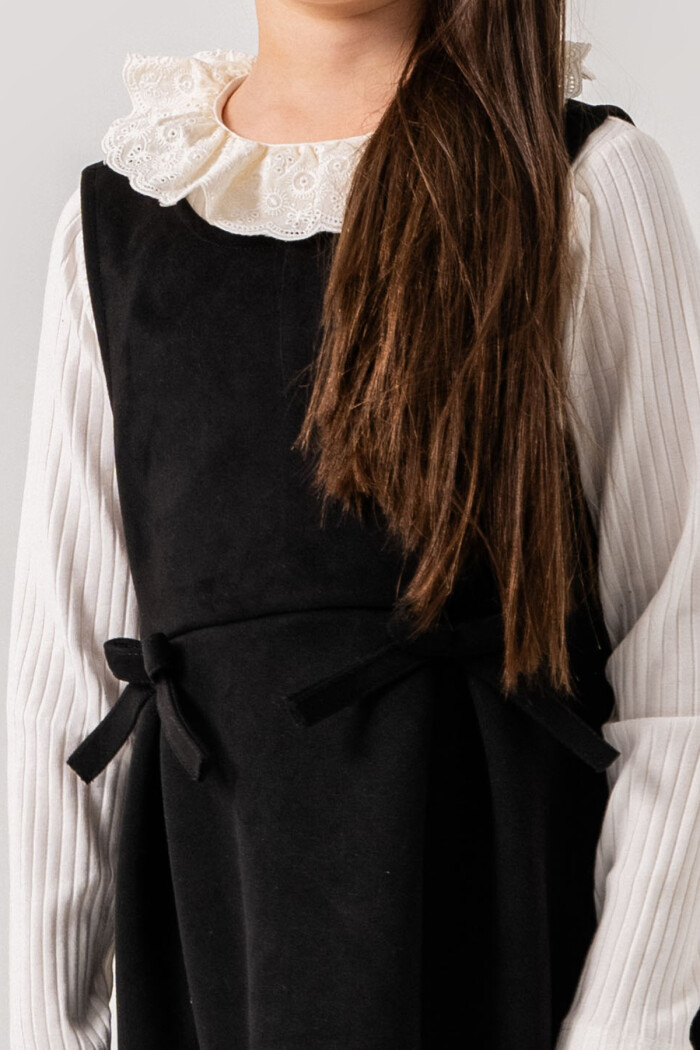 Kız Çocuk Siyah Dantel Yaka Kurdele Detaylı 3-7 Yaş Badili Elbise - 3702-3