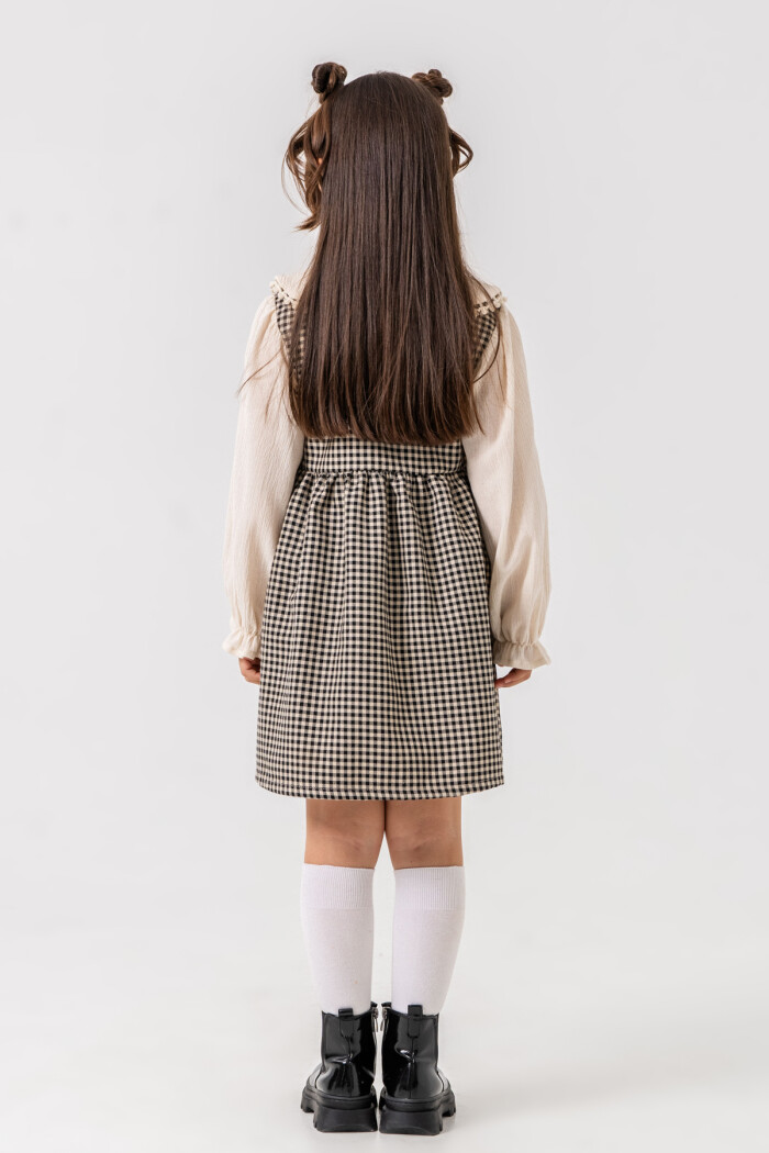 Kız Çocuk Siyah Ekose Yaka Detaylı Düğmeli 3-7 Yaş Elbise 3718-2