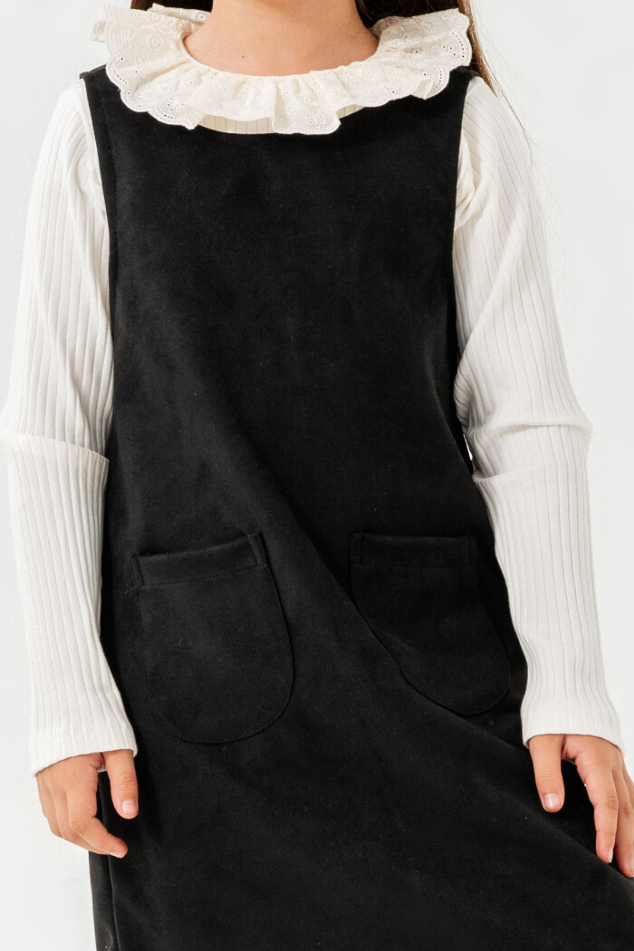 Kız Çocuk Siyah Yaka Detaylı Cepli 3-7 Yaş Badili Elbise - 3701-1