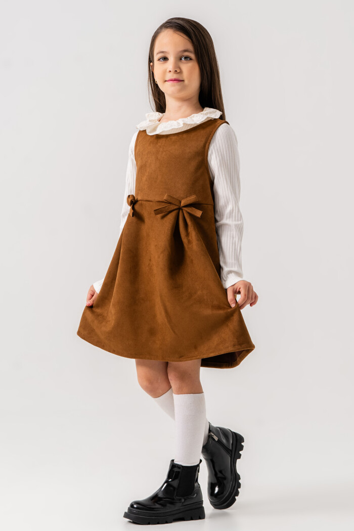 Kız Çocuk Taba Dantel Yaka Kurdele Detaylı 3-7 Yaş Badili Elbise - 3702-1