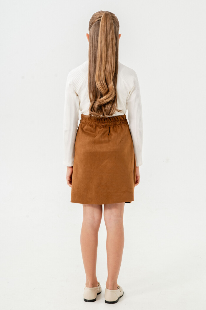 Kız Çocuk Taba Düğme Detaylı Süet 5-9 Yaş Etekli Takım 3709-4