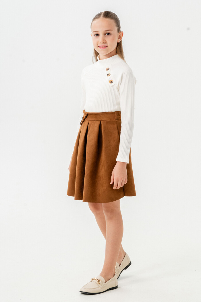 Kız Çocuk Taba Düğme Detaylı Süet 5-9 Yaş Etekli Takım 3709-4