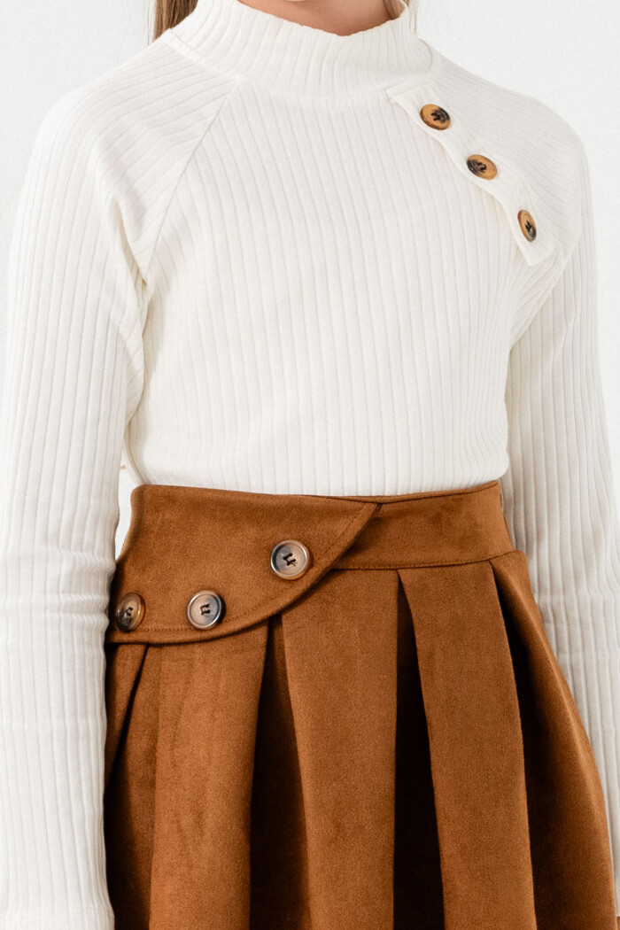 Kız Çocuk Taba Düğme Detaylı Süet 5-9 Yaş Etekli Takım 3709-4